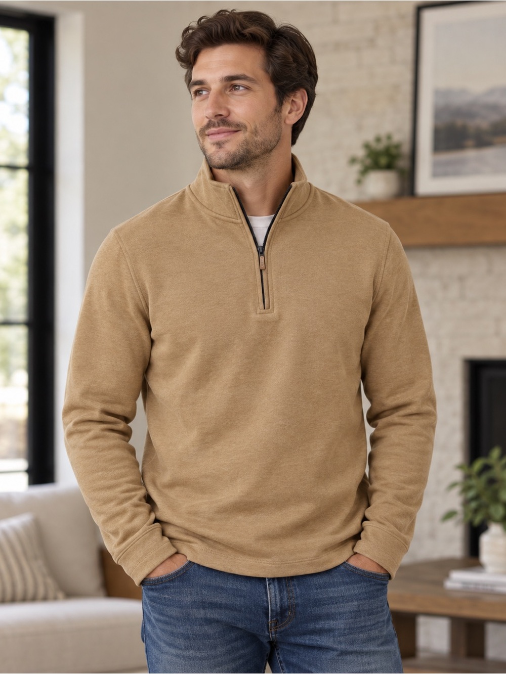 Redmond Clothing Outfitters Men's Quarter Zip Pullover Tan Mock Neck